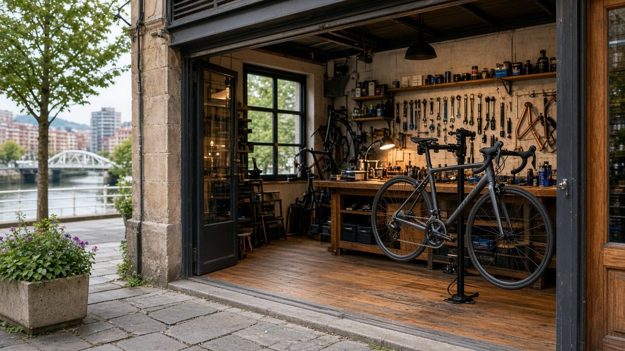 Bike repair shop workspace at Vivid Harbor Studio